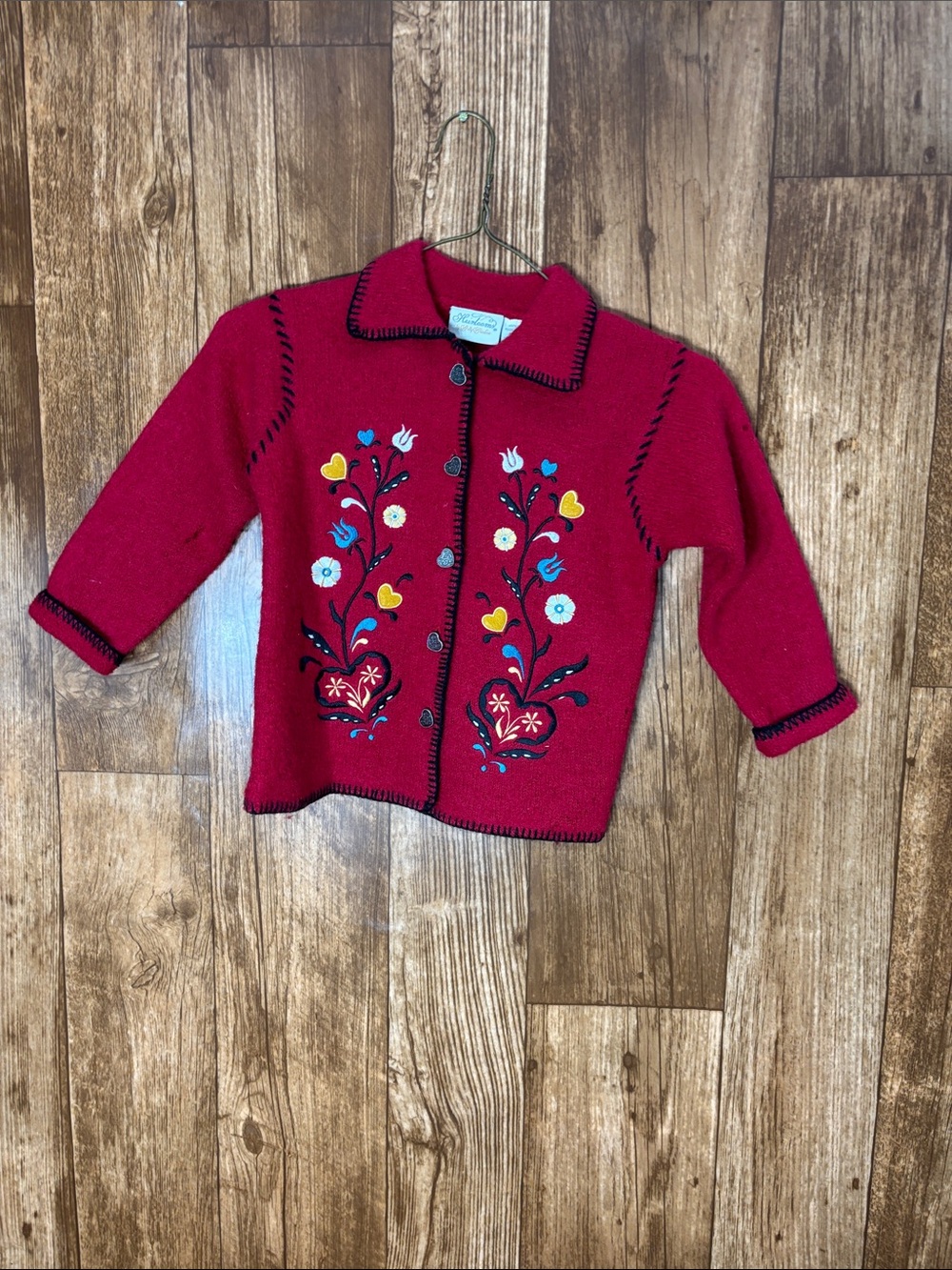 Heirlooms  Girls' Red Embroidered Button-Up Sweater Jacket